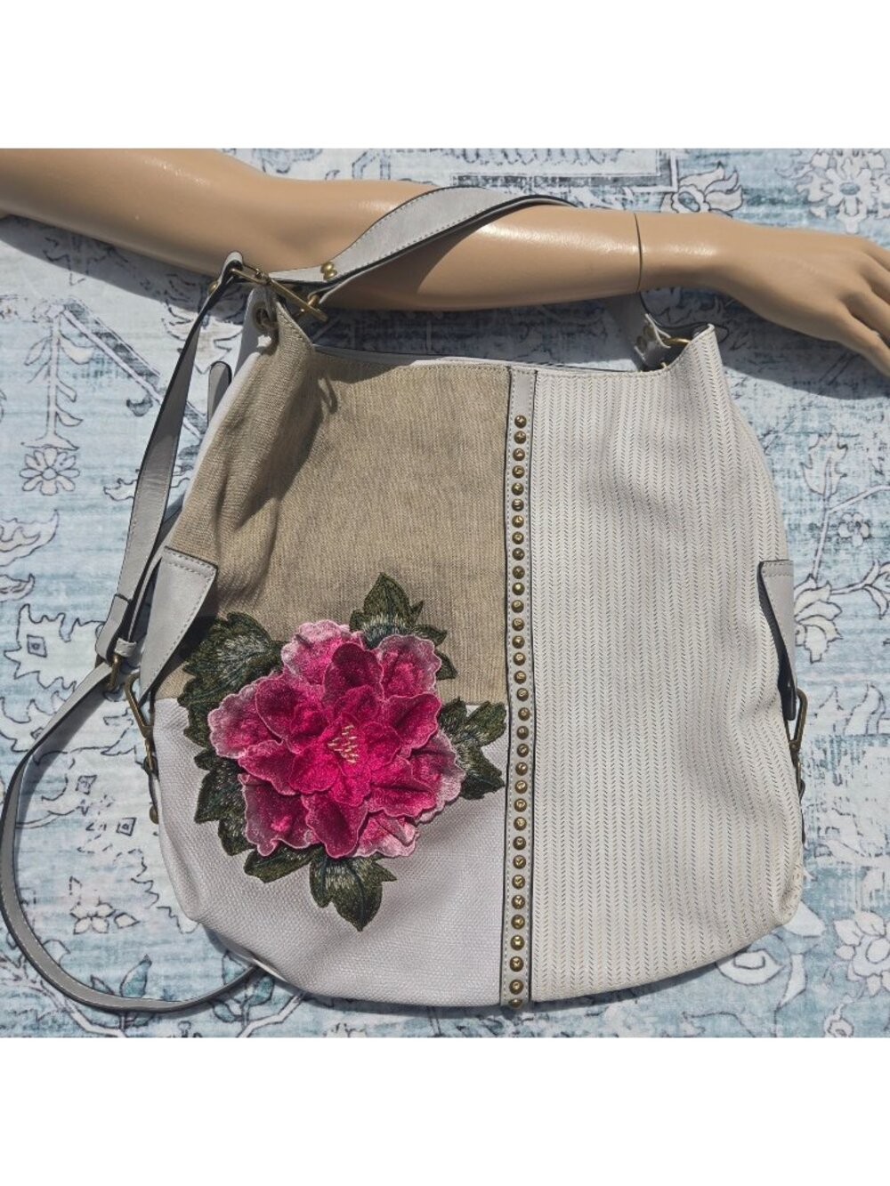 Y2K Simon Chang Large Floral Embroidered Studded Shoulder Bag Gray Faux Leather